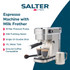 Stainless steel espresso machine with two espresso cups, milk jug and coffee grounds.