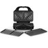 Black sandwich maker with interchangeable grill and waffle plates, open on white background