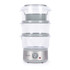 Silver electric food steamer with three clear stackable tiers, front view