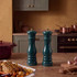 Set of two dark green salt and pepper mills on a kitchen counter