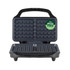 Open black waffle maker with PFAS free label, shown from front in product listing.