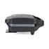 Black waffle maker with two golden waffles on kitchen worktop, hand lifting one waffle.