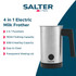 Stainless steel electric milk frother with black handle, shown upright.
