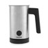 Stainless steel electric milk frother with black handle, shown from the side