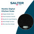 Salter Black Marble electronic kitchen scale packaging, 15-year guarantee, boxed.