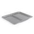 Grey non-stick oven tray with ribbed and flat sections, shown angled on white background