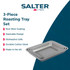Set of three grey non-stick roasting trays, stackable and dishwasher safe.