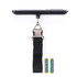 Black digital luggage scale with strap and two AA batteries, flat lay