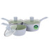 Three piece pale blue saucepan set with green non-stick interiors and PFAS free label