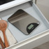 Salter digital kitchen scale with stainless steel platform shown in open drawer