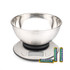 Stainless steel digital kitchen scale with mixing bowl and three AAA batteries included.