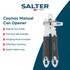 Salter manual can opener with black handles in use opening a tin on kitchen worktop