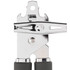 Chrome manual can opener with black handles, close-up of cutting and turning mechanism
