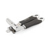 Chrome manual can opener with black handles, close-up of cutting and turning mechanism