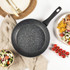Grey non-stick frying pan with black handle, shown empty on worktop for product listing