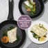 Non-stick frying pans on kitchen hob, one pan cooking chicken, tomatoes, and vegetables. Text: Lifetime Guarantee.