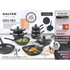 Set of black non-stick pots and pans with glass lids, suitable for induction hobs.