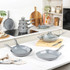 Grey non-stick frying pan, top view