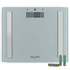 Glass digital bathroom scale with metal strips and batteries included, front view