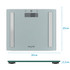 Glass bathroom scale with silver metal strips, digital display, and dimensions 30x25x2.5cm
