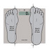 Digital bathroom scale, grey glass, shows front and side with dimensions 30cm x 25cm x 2.5cm