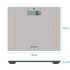 Digital bathroom scale, grey glass, shows front and side with dimensions 30cm x 25cm x 2.5cm
