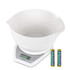 White digital kitchen scale with mixing bowl and two AA batteries included.