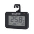 Black digital fridge thermometer with large LCD display, hook hanger, and temperature reading