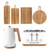 Set of Salter kitchen boards, white kettle and four-slice toaster with wood accents