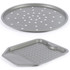 Set of non-stick metal pizza tray and oven chip tray with perforated base, shown empty.