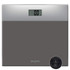 Grey glass digital bathroom scale with LCD display, shown with included CR2032 battery.