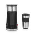 Black single-serve coffee maker with insulated travel mug