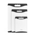 Set of three white and black plastic chopping boards with handles, shown stacked.