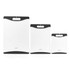 Set of three white chopping boards with black handles, shown side by side.