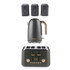 Black and gold Salter 4-slice toaster, kettle, and set of 3 labelled kitchen storage tins