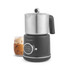 Black electric milk frother with iced coffee in glass, features hot and cold foam settings.