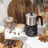 Close up of black milk frother showing control dial for hot foam, hot milk & chocolate, and cold foam.