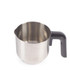 Stainless steel milk frothing jug with black plastic handle, shown empty from above.