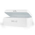 White metal bread bin with lid open, embossed 'BREAD' lettering on front.