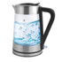 Glass electric kettle with boiling water, stainless steel base and black handle