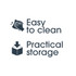 Feature icons: easy to clean and practical storage