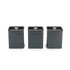 Set of three grey square storage canisters with silver knobs, for tea, coffee, and sugar.