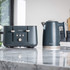 Salter matte dark blue toaster and kettle on kitchen counter