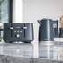 Salter matte dark blue kettle and toaster set on kitchen worktop