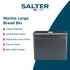 Matte black bread bin with loaf of bread on modern kitchen worktop, matching storage canisters