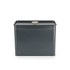 Black metal storage tin with flat lid and round handle, displayed front facing.