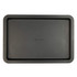 Rectangular black baking tray with raised edge, photographed from above