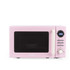 Pink digital microwave oven with handle and display, front view