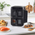 Promotional graphic showing a 4-layer air fryer cooking four different foods at once.
