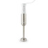 Silver and white handheld stick blender with stainless steel shaft, shown upright.